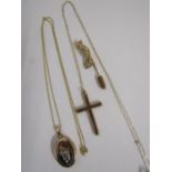 9ct gold "My Love Travels With You" locket on chain, 9ct hollow cross on chain & 9ct gold golfer