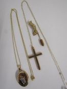 9ct gold "My Love Travels With You" locket on chain, 9ct hollow cross on chain & 9ct gold golfer