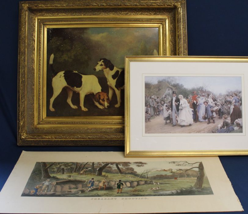 Large gilt framed print of two gun dogs, "The Village Wedding" after Luke Fildes print & "Pheasant