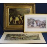 Large gilt framed print of two gun dogs, "The Village Wedding" after Luke Fildes print & "Pheasant