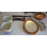 Copper warming pan, small barometer, mirror, pair of vases & cutlery