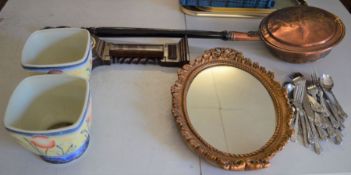 Copper warming pan, small barometer, mirror, pair of vases & cutlery