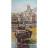 Large oil on canvas depicting Brixham fishing vessel with the harbour behind by W H Stockman (1935-
