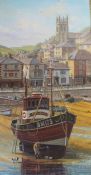 Large oil on canvas depicting Brixham fishing vessel with the harbour behind by W H Stockman (1935-