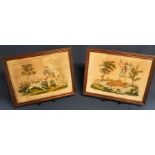 Pair of oak framed needlepoint scenes depicting huntsman & hound 44cm x 33.5cm
