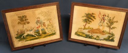 Pair of oak framed needlepoint scenes depicting huntsman & hound 44cm x 33.5cm