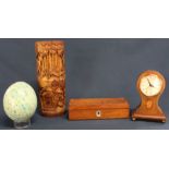 Carved bamboo brush pot, painted ostrich egg, small Victorian rosewood box with mother of pearl