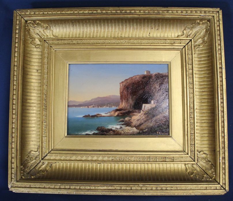 Hubert Sattler (1817-1904) Austrian oil on board depicting coastline with buildings, signed with - Image 3 of 4