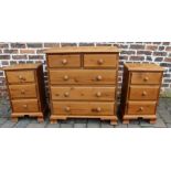 Pine chest of drawers & 2 bedside sets of drawers