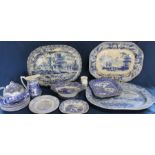 3 Victorian blue and white meat plates including Castle Pattern Gate of Sebastian & The Villagers