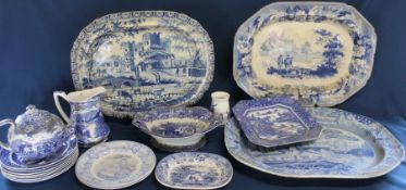 3 Victorian blue and white meat plates including Castle Pattern Gate of Sebastian & The Villagers