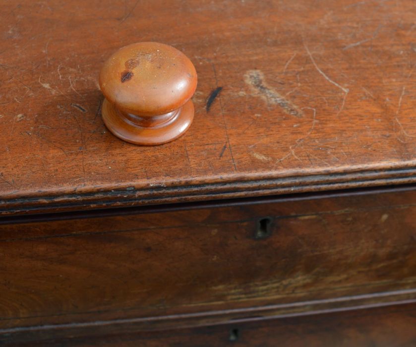 Early 19th century mahogany veneered chest of drawers on splayed bracket feet (one knob requires - Image 3 of 4