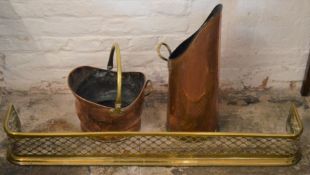 Brass fireside fender & 2 copper coal scuttles