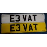 Personalised number plate: E3 VAT with V778 DVLA Retention Document with 2 number plates