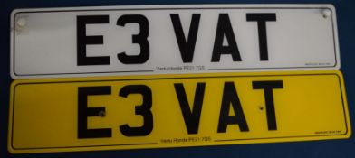 Personalised number plate: E3 VAT with V778 DVLA Retention Document with 2 number plates