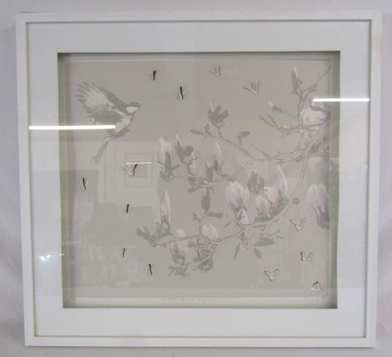 'Butterflies, Bird and Magnolia' artwork signed Claire Cutts limited edition 25/150 - bird in flight - Image 2 of 7