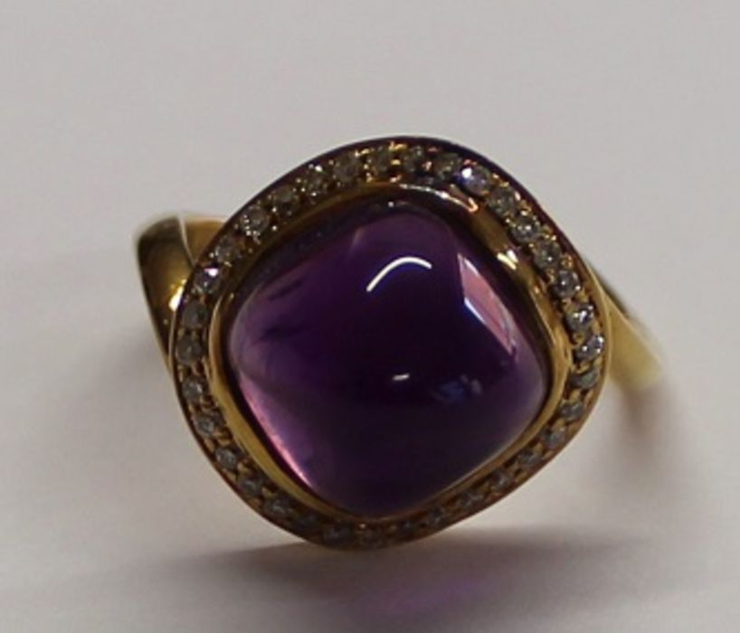 Links of London 18ct yellow gold Infinite Love ring with central sugar loaf amethyst surrounded by
