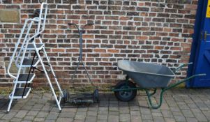 Push mower, step ladder & a wheel barrow
