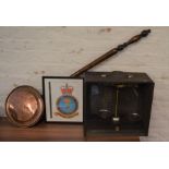 Cased set of balance scales, copper warming pan & an RAF Parachute Training School framed emblem