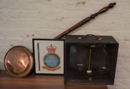 Cased set of balance scales, copper warming pan & an RAF Parachute Training School framed emblem