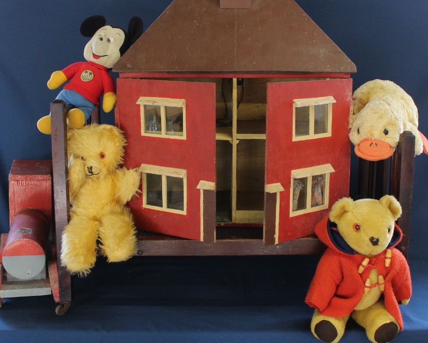 Hand made doll's house, folding doll's bed with sprung base, wooden train , Hamley's plush duck,