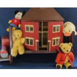 Hand made doll's house, folding doll's bed with sprung base, wooden train , Hamley's plush duck,