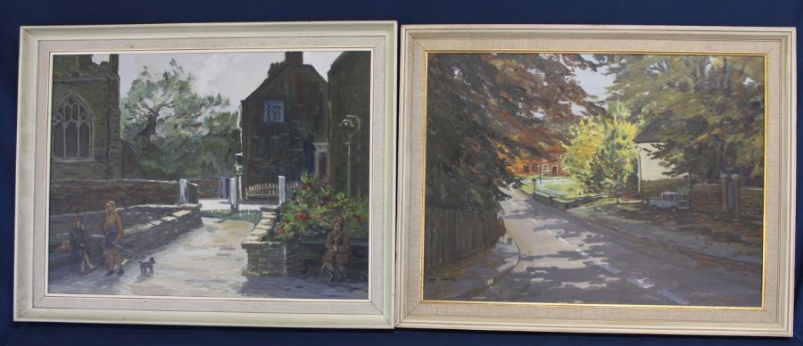 Pair of framed oils on boards depicting The Lud Bridge Westgate Louth & Rose Garden St James