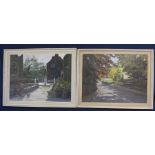 Pair of framed oils on boards depicting The Lud Bridge Westgate Louth & Rose Garden St James