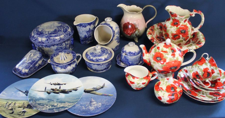 Collection of Somerton-Green blue and white porcelain, Crown Burslem poppy pattern jug, bowl & tea