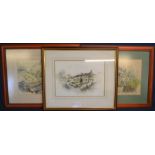 2 framed sketches in crayon & a framed watercolour of stone cottages