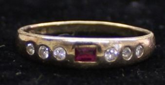 18ct gold, ruby & diamond chip ring marked 750, 2.01g, size N