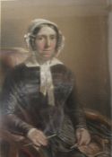 19th century framed pastel portrait of a seated lady with indistinct monogram 49cm x 60cm