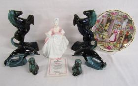 Poole blue and black horses, dolphins and owls, Royal Doulton 'Diana' and Royal Albert 'Christmas