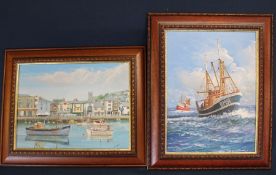 Framed oil on canvas depicting Brixham fishing trawlers, signed Gordon Allen (b. 1945) 42cm x 53cm &