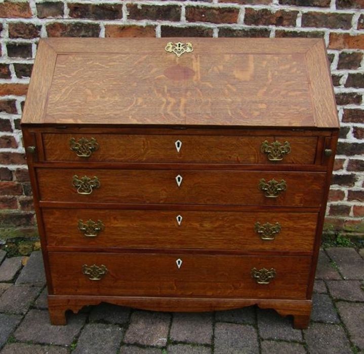 Georgian oak bureau with inner inlaid door L 94cm Ht 100cm D 49cm