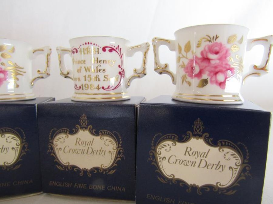 6 Royal Crown Derby miniature commemorative ware twin handled loving cups - Image 4 of 4