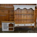 Painted pine plate rack Ht 108cm W 92cm & a small painted wall cabinet