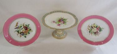 Hand painted gilt cake stand - one hand painted plate with pedestal removed (cracked) and similar