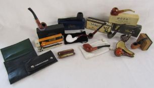Collection of tobacco pipes includes Amorelli, Roley, Sanda, Parker etc and wallets