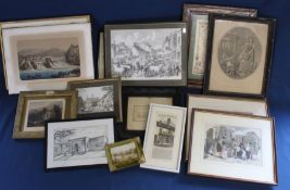 Selection of engravings of Lincolnshire landmarks, two hand coloured Victorian engravings etc.