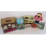 Collection of toys to include boxed Mettoy Elegant tin plate typewriter, Chad Valley tin plate world