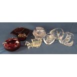 Collection of glassware includes red glass art deco ashtray and rose bowl, Mats Jonasson deer, fox