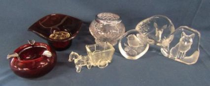 Collection of glassware includes red glass art deco ashtray and rose bowl, Mats Jonasson deer, fox