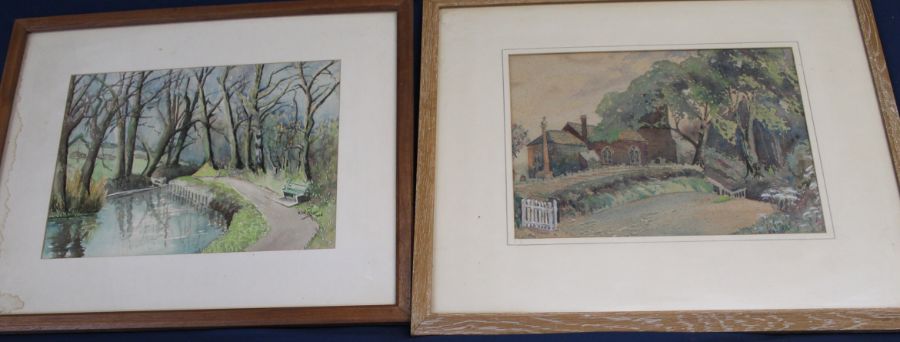 Two framed watercolours depicting St Vedast Church Tathwell 1956 & Watery Lane Cawthorpe 1968 by H W