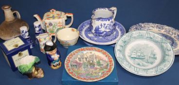 Willow pattern cheese stand, Burleigh Ware Willow jug, Royal Worcester Cottage Garden plate, Mason's