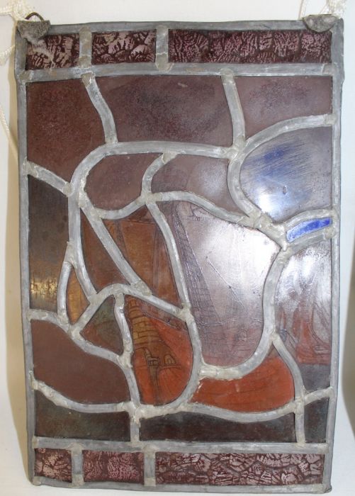 2 coloured leaded glass panels: galleon 20cm x 30cm & St Amelberga Patrones van Temse 31cm x 40cm - Image 3 of 3