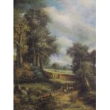 Large antique style oil on board depicting countryside scene with sheep in the foreground in