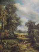 Large antique style oil on board depicting countryside scene with sheep in the foreground in