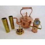 Collection of copper and brass including copper kettle, miniature brass wine bottle and tray and a