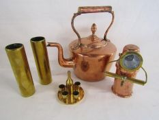 Collection of copper and brass including copper kettle, miniature brass wine bottle and tray and a